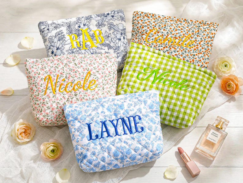 Personalized Embroidered Makeup Bag,Custom Makeup Bag,Floral Cosmetic Bag,Travel Makeup Pouch, Women Toiletry Bag,Bridesmaid Gift image 1