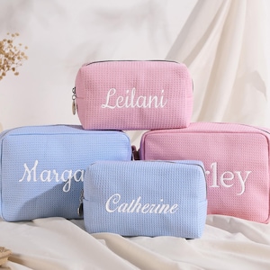 Personalized Embroidered waffle cosmetic bag,Monogrammed Makeup Bag,Custom name toiletry bag,Bridal Party Makeup Bag Gift,Bridesmaid gift