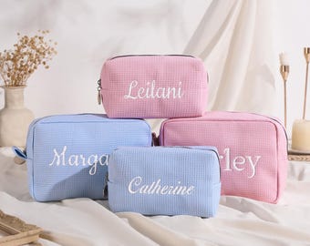 Borsa per cosmetici personalizzata ricamata, borsa per il trucco con monogramma, borsa per articoli da toeletta con nome personalizzato, borsa per il trucco per la festa nuziale, regalo per damigella d'onore