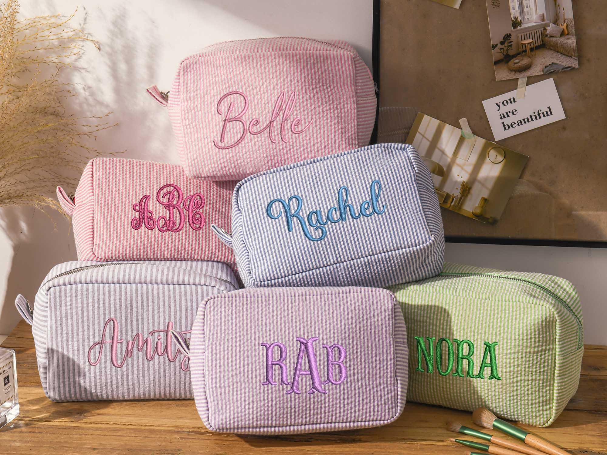 Personalized Embroider Cosmetic Bag, Seersucker Makeup Bag, Bridesmaid Gifts, Bridal Party Gifts, Makeup Organizer, Bridal Shower Gift