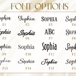 May include: A graphic showcasing 16 font options for the name "Sophia". The fonts vary in style, from elegant cursive to bold, block lettering. The text "FONT OPTIONS" is at the top. Each font is labeled with a number, such as F1, F2, etc.