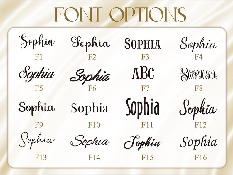 May include: A graphic showcasing 16 font options for the name "Sophia". The fonts vary in style, from elegant cursive to bold, block lettering. The text "FONT OPTIONS" is at the top. Each font is labeled with a number, such as F1, F2, etc.