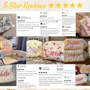 May include: A collection of personalized cosmetic bags with embroidered names. The bags feature various floral and patterned fabrics, with names like "Rechelle", "Lexi", and "Cara" in cursive script. The image includes customer reviews.