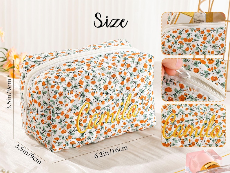 May include: A floral print cosmetic bag with a white zipper. The bag is white with orange flowers and green leaves. The name "Camila" is embroidered in yellow. The bag measures 3.5 inches by 9 cm and 6.2 inches by 16 cm.