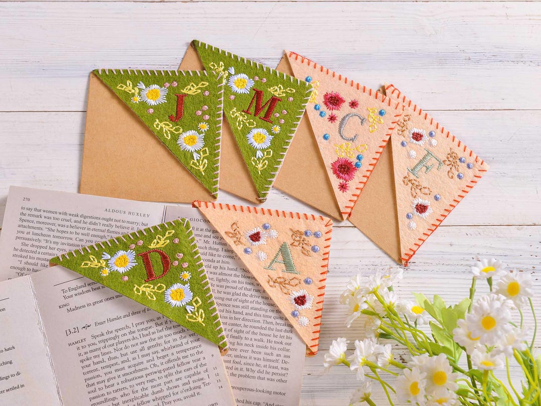 Hand Embroidered Corner Bookmarks, Custom Felt Triangle Page Stitched ...