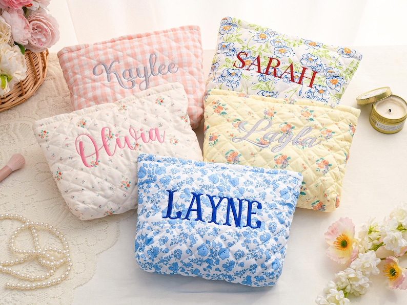 Personalized Embroidered Makeup Bag,Custom Makeup Bag,Floral Cosmetic Bag,Travel Makeup Pouch, Women Toiletry Bag,Bridesmaid Gift image 7