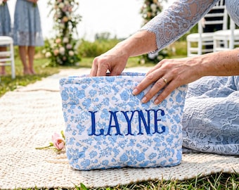 Personalized Embroidered Makeup Bag,Custom Makeup Bag,Floral  Cosmetic Bag,Bridesmaid Gift,Travel Makeup Pouch,  Women Toiletry Bag