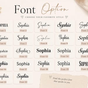 May include: A chart displaying twenty-two different font options, each showing the name Sophia in a unique typeface. The text at the top reads Font Option CHOOSE YOUR FAVOURITE STYLE, and the bottom text reads Find the perfect font that speaks to you.