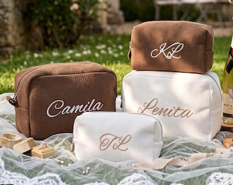 Personalized Embroidered Waffle Cosmetic Bag, Monogram Makeup Pouch, Bridesmaid Gift, Custom name toiletry bag, Bridal Shower Gift