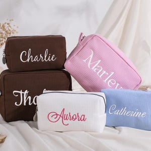 Personalized Embroidered waffle cosmetic bag,Bridal Party Makeup Bag Gift,Custom name toiletry bag,Monogrammed Makeup Bag,Bridesmaid gift