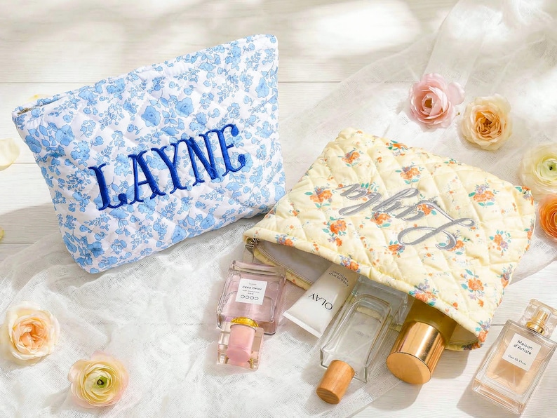 Personalized Embroidered Makeup Bag,Custom Makeup Bag,Floral Cosmetic Bag,Travel Makeup Pouch, Women Toiletry Bag,Bridesmaid Gift image 5