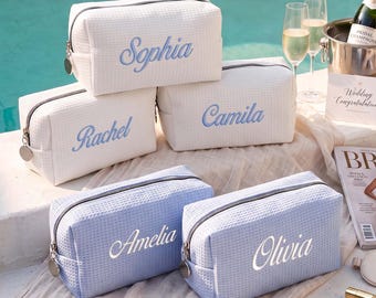 Personalized Embroidered Waffle Cosmetic Bag, Monogram Makeup Pouch, Bridesmaid Gift, Custom name toiletry bag, Bridal Shower Gift