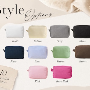 May include: Ten rectangular zippered pouches in a grid layout, labelled with the text Style Options and 10 Beautiful Colours. The pouches are available in white, yellow, grey, black, navy, blue, green, brown, pink, and rose pink fabric colours.