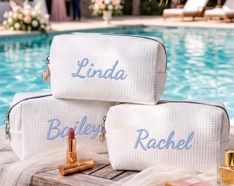 Personalized Embroidered Waffle Cosmetic Bag, Monogram Makeup Pouch, Bridesmaid Gift, Custom name toiletry bag, Bridal Shower Gift