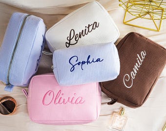 Personalized Embroidered waffle cosmetic bag,Monogrammed Makeup Bag,Bridesmaid gifts,Custom name toiletry bag,Bridal Party Makeup Bag Gift