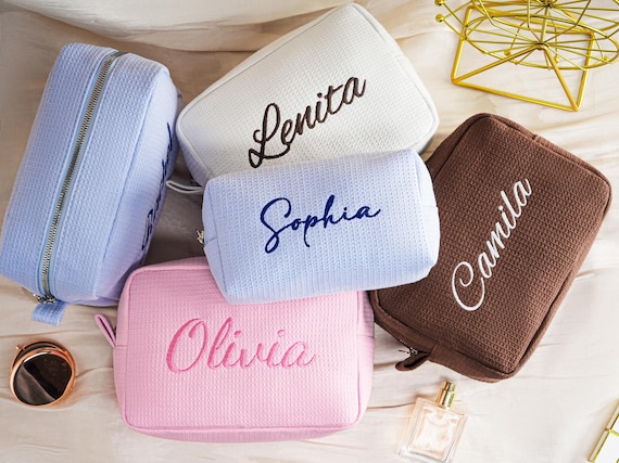 Personalized Embroidered waffle cosmetic bag,Monogrammed Makeup Bag,Custom name toiletry bag,Bridal Party Makeup Bag Gift,Bridal Shower Gift