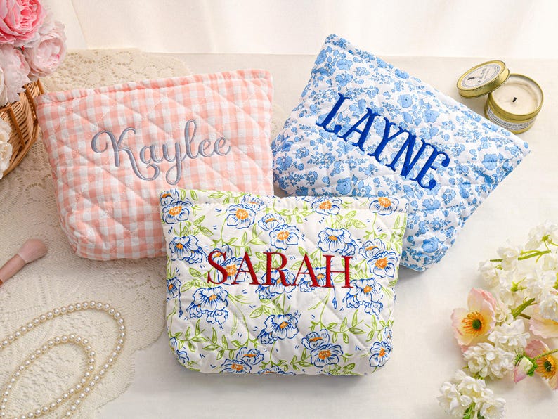 Personalized Embroidered Makeup Bag,Custom Makeup Bag,Floral Cosmetic Bag,Travel Makeup Pouch, Women Toiletry Bag,Bridesmaid Gift image 8