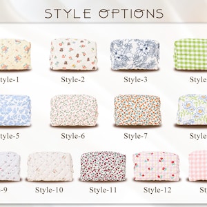 May include: A display of thirteen cosmetic bags, each with a unique floral or patterned design. The bags are labeled with style numbers, showcasing various color palettes and motifs, including gingham, floral, and botanical prints. The text "STYLE OPTIONS" is at the top.