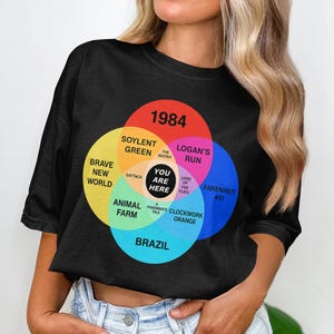 Dystopian Literature T-Shirt: Venn Diagram Design, Sci-Fi Book Lover Gift, 1984, Animal Farm, Brave New World, Fahrenheit 451, You Are Here