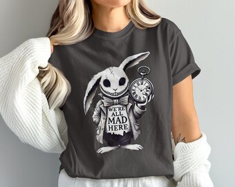 We're All Mad Here T-shirt, Alice in Wonderland Rabbit, Pocket