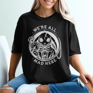 We&#39;re All Mad Here T-Shirt, Dark Mad Rabbit, Pocket Watch, Gothic, Alice in Wonderland, Edgy Fashion, Unique Design