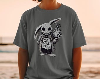 We're All Mad Here T-shirt, Alice in Wonderland Rabbit, Pocket