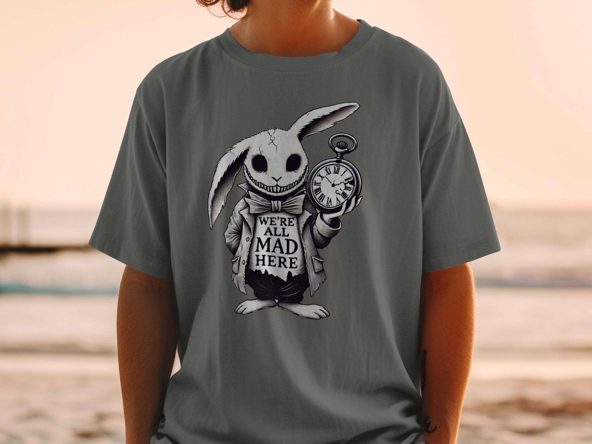 We're All Mad Here T-shirt, Alice in Wonderland Rabbit, Pocket