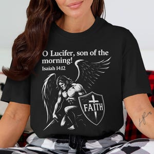 Lucifer Son of the Morning Isaiah 14:12, Angel with Sword Shield, Religious Scripture Verse T-Shirt, Dark Angel Fallen Angel Art