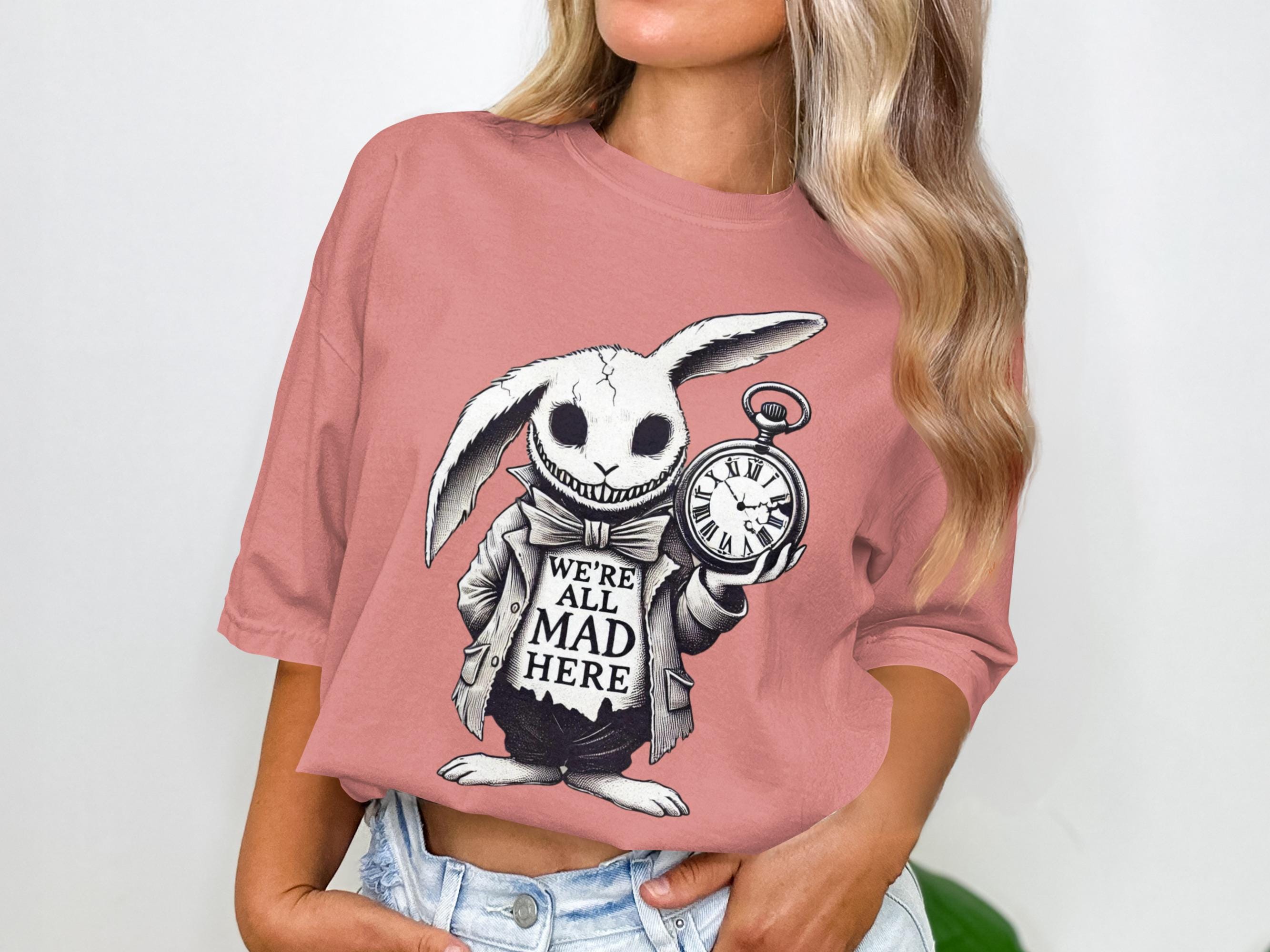 We're All Mad Here T-shirt, Alice in Wonderland Rabbit, Pocket