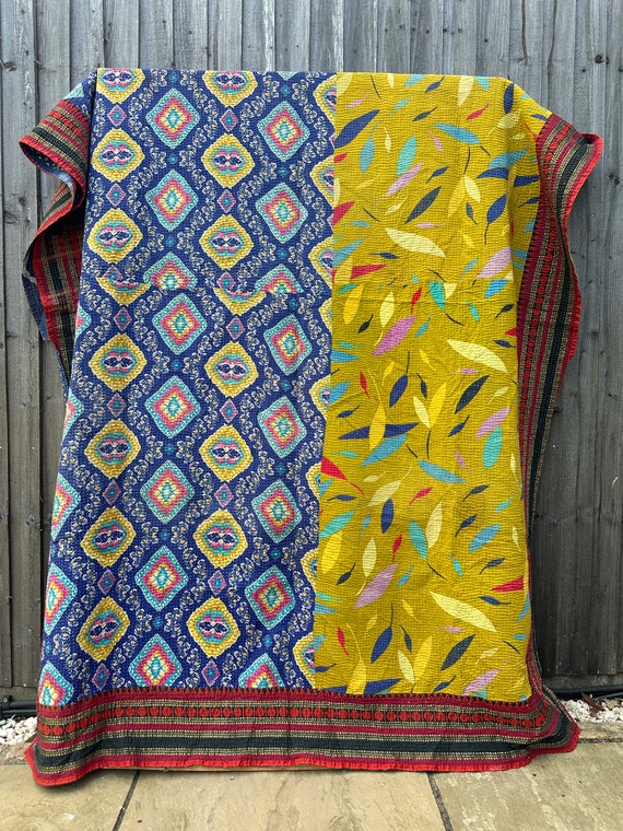 Vintage Kantha Quilt Cotton Queen Handmade Recycled Sari Kantha