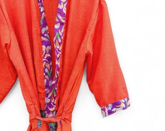 Recycelte Seide Sari Kimono Robe - Boho indischer Bademantel, nachhaltige Loungewear, Einzelstück
