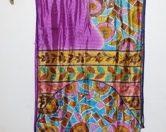 Vintage Floral Silk Saree Fabric: Ethnic Indian Sari, Recycled Craft Material