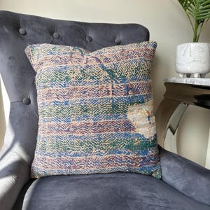 Vintage Kantha Pillow Cover: Indian Recycled Cotton Boho Cushion (16x16 in)