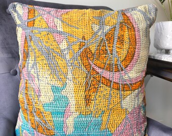 Funda de almohada vintage Kantha: cojín bohemio sari reciclado hecho a mano de 45 cm