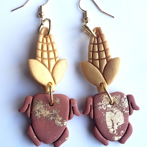 Thanksgiving Earrings Gold Leaf Turkey Polymer Clay