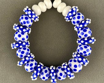 White & Lapis Blue Dot Strand (27) Lampwork Glass Beads by Shani Barrett