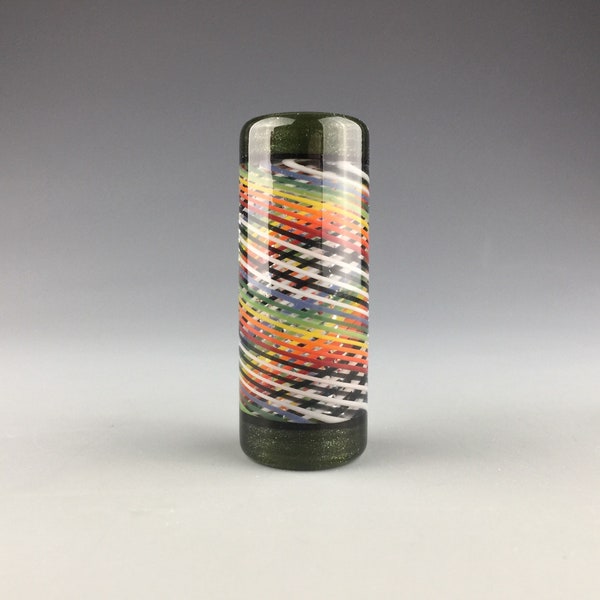 Rainbow Harlequin Reticello Cylinder - Lampwork Hollow Blown Boro Glass Focal Bead by Beau Barrett