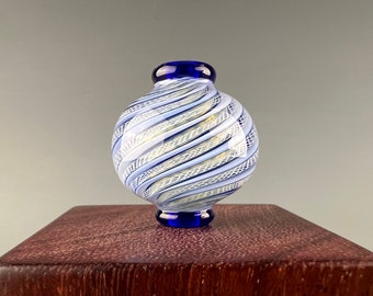Cobalt Latticinio Whorl Wheel - Hollow blown borosilicate glass bead by Beau Barrett