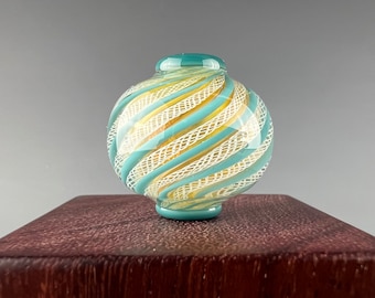 Aqua Latticinio Whorl Wheel - Hollow blown borosilicate glass bead by Beau Barrett