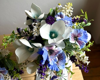 Blue Magnolia Bridal Bouquet Purple Flowers, Purple Bridal Bouquet, Colorful Wedding Bouquet, Natural Wedding Bouquet, Artificial Flower