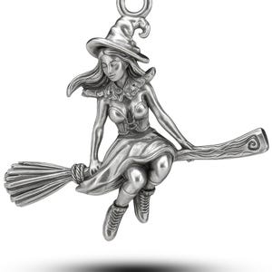 Silver Witch Pendant with Broomstick – Gothic Halloween Necklace, Unique Handmade Witchcraft Charm, Mystic Fantasy Jewelry Gift for Her