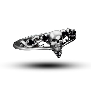 Gothic Skull Ring with Black Stones - Dainty Women Promise Ring, Unique Wedding Band - Sterling Silver Gothic Jewelry