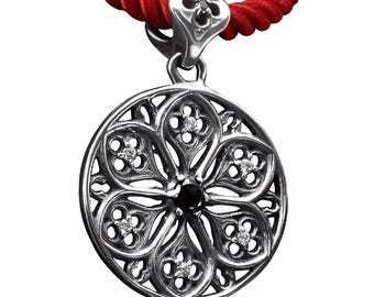 Medieval openwork goth pendant in silver, grunge jewelry, architectural carved goth necklace with stones, victorian filigree vampire jewelry