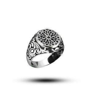Medieval Gothic Ring, Filigree Ring Mens, Carved Patterned Monogram Signet Ring 925 Sterling Silver, Jewelry Vampire Style