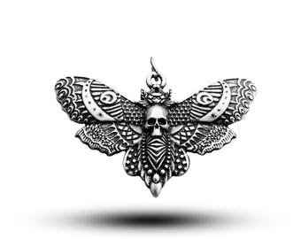 Hawk moth skull pendant, goth necklace luna moth, witchy necklace sterling silver, dead head moth pendant, occult moth jewelry witch charm