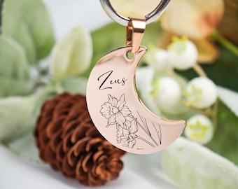 Metal Moon Dog Tag With Birth Flower & Name, Custom Pet ID Tag, Dog Collar Name Tag, Pet Birthday Gift, Dog Cat Name Tag, Dog Lover Gift