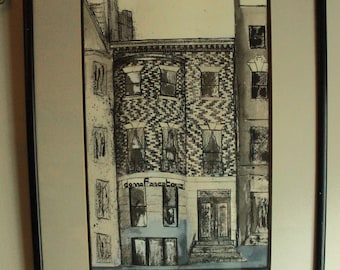 Dibujo antiguo de arquitectura urbana a pluma y tinta / Dibujo de una calle de Boston de los años 80