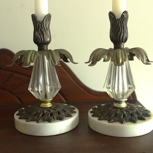 Vintage Marble and Brass Candle Holders | Set of Two 1960s Ornate Candlestick Holders | Hollywood Regency Style
