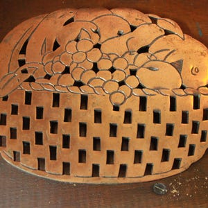 Vintage Copper Colored Cast Iron Trivet | 1980s Cast Iron Fruit Basket Trivet Marble Design