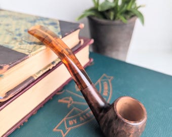 Vintage Bent Billiard Pipe | Briar Wood & Brown Swirled Acrylic | Unused | Made by Mark Tinsky | 2000s